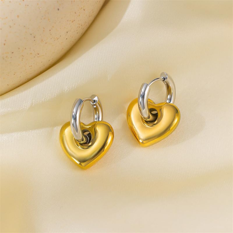 18K Gold Plated Heart Charm Hoop Earrings for Women, Two Tone Puffy Gold Heart with Silver Hoop Dangle Earrings, Polished Minimalist Heart Drop Huggie Hoops, Lightweight Romantic Jewelry