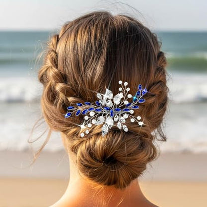 Unsutuo Navy Blue Rhinestone Hair Comb Saffire Crystal Hair Pieces Pearl Wedding Hair Accessories for Women and Girls