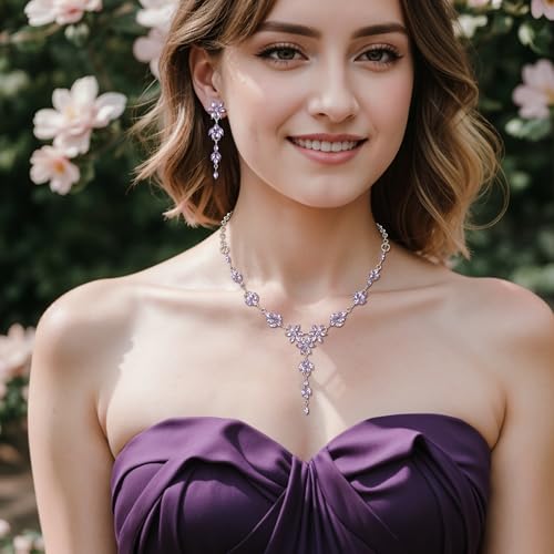 EVER FAITH Crystal Flower Wedding Prom Jewelry Set for Bride Bridesmaid | Rhinestone Costume Party Y-Shaped Necklace Dangle Earrings Bracelet, for Women - color: Light Purple Silver-Tone