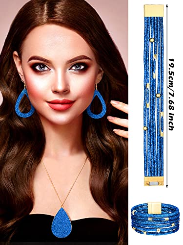 Hicarer 4 Pcs Jewelry Sets for Women Glitter Necklace and Earring Set Multi Layer Bracelet Costume Jewelry Sets for Bridal Shower Wedding - color: Navy Blue