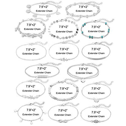 Softones 16Pcs Ankle Bracelets for Women Gold Silver Two Style Chain Beach Anklet Bracelet Jewelry Anklet Set,Adjustable Size - color: A:Silver