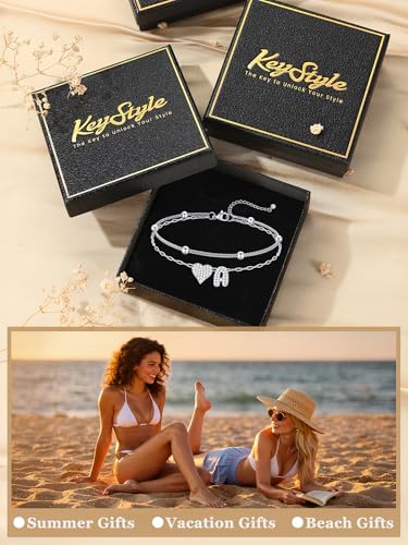 KeyStyle Heart Initial Ankle Bracelets for Women, Layered CZ A-Z Letter | 14K Gold Plated or Silver Stainless Steel Anklet, Hypoallergenic Waterproof Layered Jewelry for Daily Wear & Special Gifts - color: Gold-N
