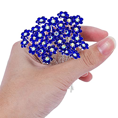 Rhinestone Flower Hair Pins, 40 Pcs U-Shaped Crystal Party Wedding Bridal Hair Accessories for Women Girls (Blue) - color: Blue