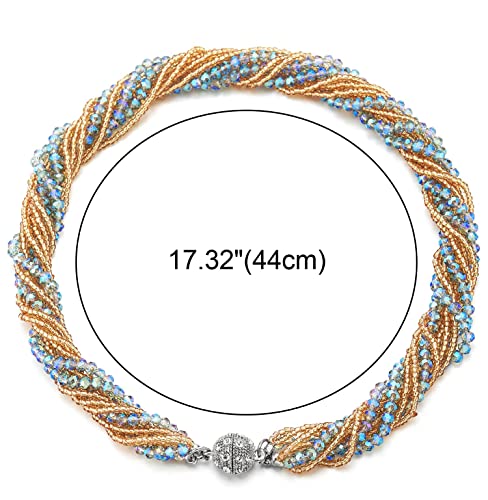 COOLSTEELANDBEYOND Multi-Layer Beads Crystal Braided Chain Choker Collar Magnetic Clasp,Statement Necklace, Bracelet - color: Q-Necklace Champagne & Blue Color