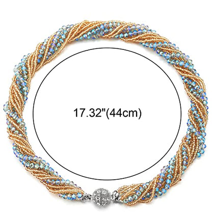 COOLSTEELANDBEYOND Multi-Layer Beads Crystal Braided Chain Choker Collar Magnetic Clasp,Statement Necklace, Bracelet - color: Q-Necklace Champagne & Blue Color