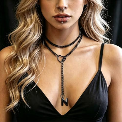 Black Heart Slip Chain Initial Necklaces for Women, Stainless Steel Wrap Choker Necklace, Gothic O-Ring Adjustable Lariat Y Necklaces, Punk Cuban Collar Choker Necklace, Halloween Jewelry Gift - color: Black N