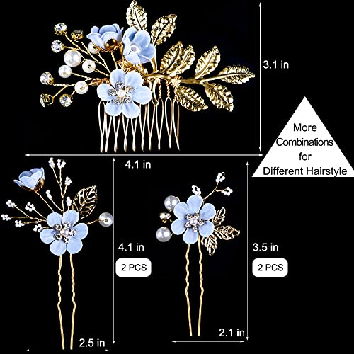 5 PCS Bridal Flower Wedding Hair Pins Crystal Pearl Hair Clips Headpiece Gold Wedding Hair Accessories Jewelry with Rhinestone for Brides Bridesmaids Women Girls Updo, Special Cream Blue - color: Exquisite Flower Leaves&Special Cream Blue
