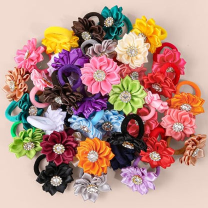 40pcs Baby Girls Flower Mini Hair Ties Rhinestone Satin Hair Elastic | Multicolor Candy Baby Scrunchies Soft Ponytail Holders Rubber Bands Hair Accessories,Great for Daily & Party Hairstyle