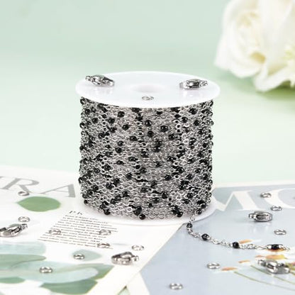 KYUNHOO 16.4FT/5M Black Enamel Beaded Chain for Jewelry Making | Silver Cable Link Roll Stainless Steel Jewelry Chains for Necklace Bracelet DIY - color: Silver-Black-2mm