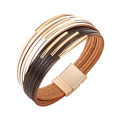 Fesciory Leather Wrap Bracelets for Women, Boho Western Layered Jewelry | Layered leather cuff bracelets, Easy on and off, Boho western style, Daily wear, Gift for women - color: Black 9
