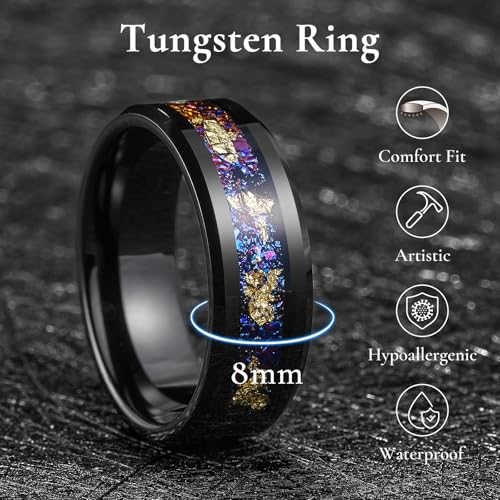 King Will Mens Wedding Band with Foils Inlay, Black/Silver/Gold Beveled Edge Glowstone Ring, 6mm/8mm Tungsten Carbide Rings Comfort Fit - color: Purple&Gold