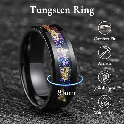 King Will Mens Wedding Band with Foils Inlay, Black/Silver/Gold | Black, 6mm/8mm, Beveled Edge, Comfort Fit, Glowstone Ring, Everyday Wear - color: Purple&Gold