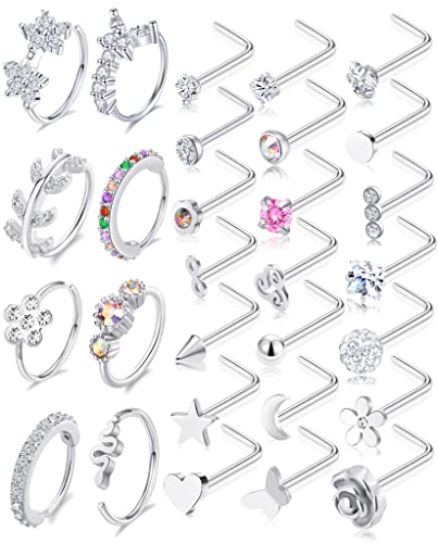 Akeoqi 29Pcs 20G Nose Ring Studs Nose Ring Hoops Stainless Steel L Bone Screw Shape CZ Butterfly Snake Star Heart Moon Shape Nose Piercing Jewelry for Women Silver Tone - style: B:29Pcs(Moon)