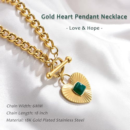 NUZON Sunburst Heart / 2-Tone Interlocking/CZ Evil Eye/Single Pearl/Love Heart Pendant Necklace for Women 14K Gold Chain Necklace Chunky Statement Jewelry - color: Heart-Toggle Clasp-Gold