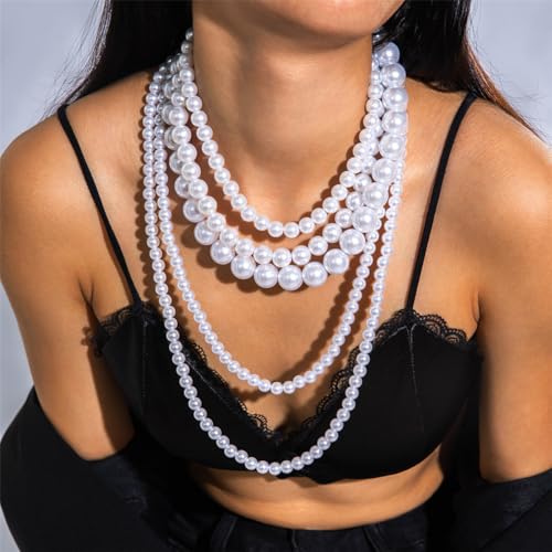 Long Pearl Beaded Necklace Layered Big Small Beads Pearl Necklaces Multi Strand Pearls Necklaces for Women Trendy Jewelry Gift - color: A