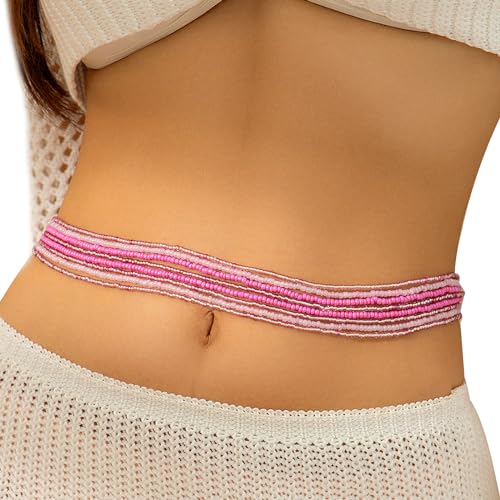 8Pcs Colorful Beads Waist Chain Sets Summer Beach Multi-layered Beaded Belly Chain Sexy Bikini Elastic Adjustable Waist Body Chain Beads Body Accessories Jewelry for Women - style: Pink