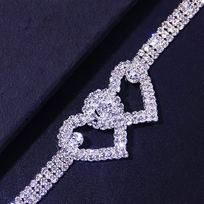 Fesciory Heart Rhinestone Ankle Bracelets for Women, Adjustable Silver Plated Shiny Tennis Anklets, Twinkle Cubic Zircon Imitation Diamond Anklet Foot Chain Jewelry Gifts - color: Double Heart