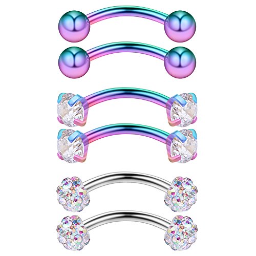 3PRS 16G 3/8" (10MM) Stainless Steel 3mm CZ/Gems/Ball Curved Barbell Eyebrow Tragus Lip Belly Ring Piercing Jewelry - Rainbow - color: 6PCS - Rainbow
