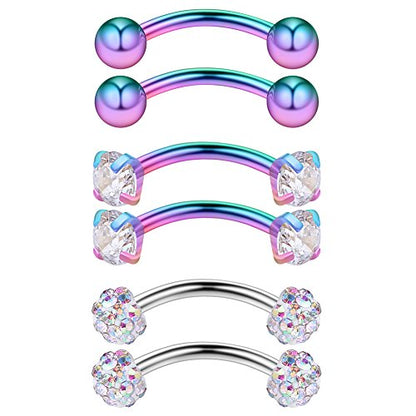 3PRS 16G 3/8" (10MM) Stainless Steel 3mm CZ/Gems/Ball Curved Barbell Eyebrow Tragus Lip Belly Ring Piercing Jewelry - Rainbow - color: 6PCS - Rainbow