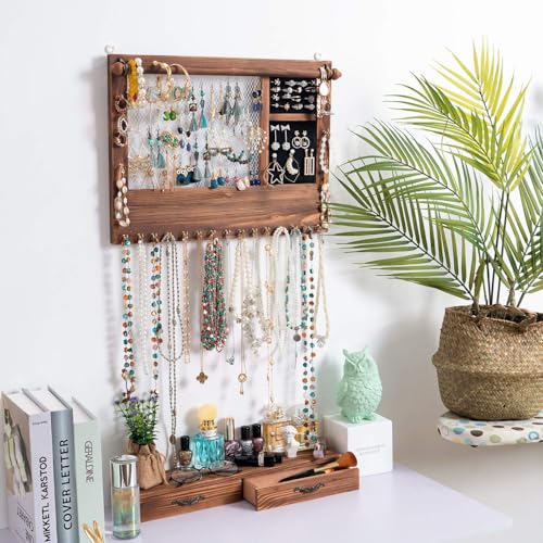 Jewelry Wall Organizer Wall Mounted, Jewelry Hanger Display Rack Earring with Drawers, for Earring/Stud/Ring/Necklace/Bracelets Accessories Bangles Holder Girls Gift (brown)