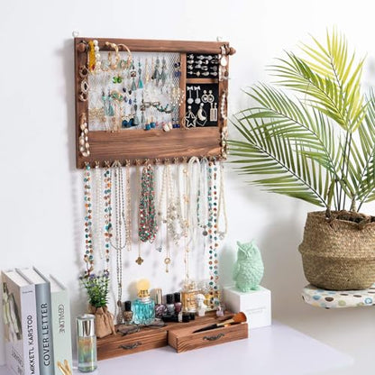 Jewelry Wall Organizer Wall Mounted, Jewelry Hanger Display Rack Earring with Drawers, for Earring/Stud/Ring/Necklace/Bracelets Accessories Bangles Holder Girls Gift (brown)