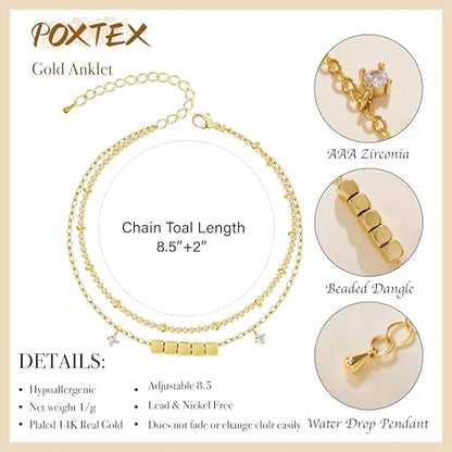 Gold/Sterling Silver Anklet Bracelets for Women Waterproof, Non Tarnish 925 Sterling Sliver Plated Heart Evileye Butterfly Charm, Dainty Summer Beach Anklets for Women, Beach Vacation Bikini Outfits for Her Mom - style: Beaded-Gold