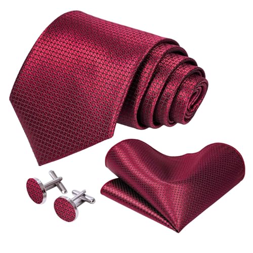 5PCS Mens Silk Tie, Pocket Square, Cufflinks, Drilled Tie Ring and Lapel Pin Set for Wedding Groom Party - color: Burgungy Tie Set -234