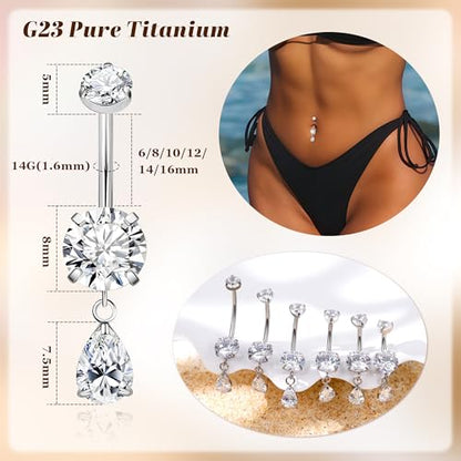 14G G23 Pure Titanium Dangle Belly Button Ring for Women Teardrop Dangling Belly Ring Internally Threaded Barbell Dainty Dangly Navel Ring CZ Belly Piercing Jewelry 6-16MM - color: Silver, size: Bar Length 12mm-Long