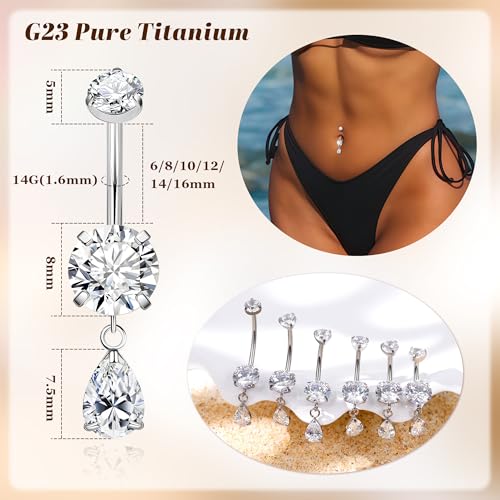 14G G23 Pure Titanium Dangle Belly Button Ring for Women Teardrop Dangling Belly Ring Internally Threaded Barbell Dainty Dangly Navel Ring CZ Belly Piercing Jewelry 6-16MM - color: Silver, size: Bar Length 16mm-Longest