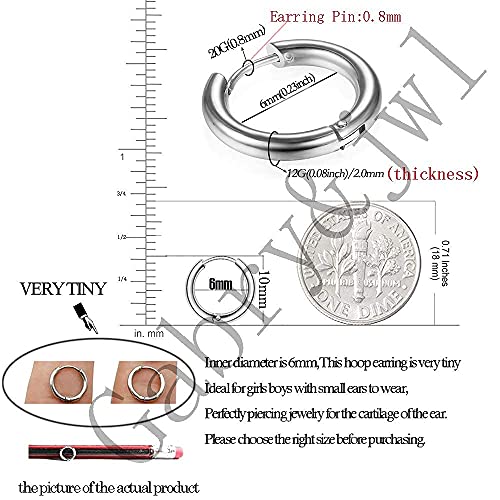 316L Surgical Stainless Steel Huggie Hoop Earrings 6MM Silver Stud Earrings Set Hypoallergenic Earrings for Women Men