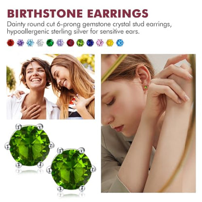 DAYBYDAY 925 Sterling Silver Birthstone Earrings for Women, Crystal Stud Earrings, 6.5mm Round Cut Solitaire Gemstone Earrings Birthday Jewelry - style: Round Cut-08. Aug/created peridot