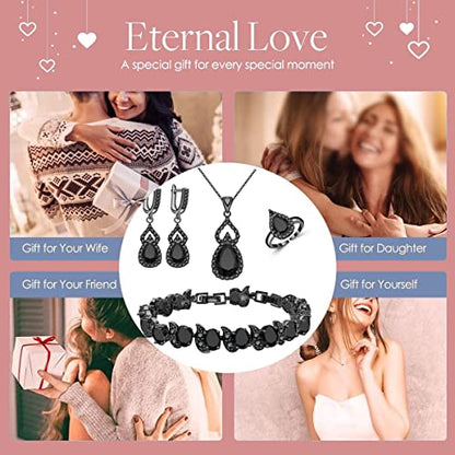LMXXVJ Women Jewelry Set Platinum Plated Necklace Open Ring Earrings Bracelet Set,Birthday/Anniversary Mother’s Day Jewelry Gifts for Mom/Wife/Sister/Best Friend - color: Black Gun-Black