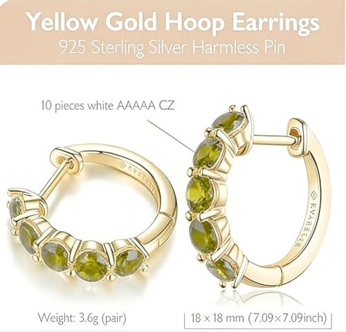 Evabelle Gold Hoop Earrings for Women 14K Real Gold Plated Cubic Zirconia Diamond Hoop Earrings Huggie Hoop Earring Women Earrings Earring for Men 925 Sterling Silver Post Hypoallergenic - color: Hoops 20-Olive
