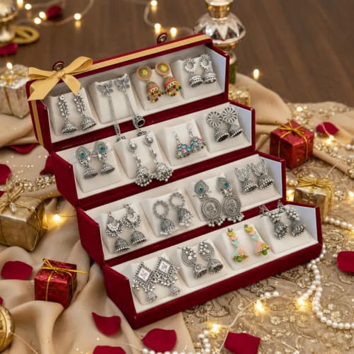 atorakushon 12 Pair Earrings Velvet Organizer Jewellery Box For Women and Girls Pack of 1 Maroon - style: Jhumka Earring Organiser Folder 12 Pair Cream