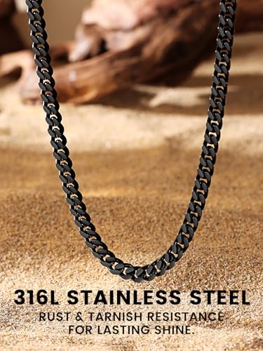 Bestyle Thick Stainless Steel Mens Cuban Link Chain, Black/Gold Chain for Men, No Tarnish & Durable Men Chain Necklace, 5/7/9/12mm Wide, 18"-30" Long, Gift Package - style: c. 5mm-Black