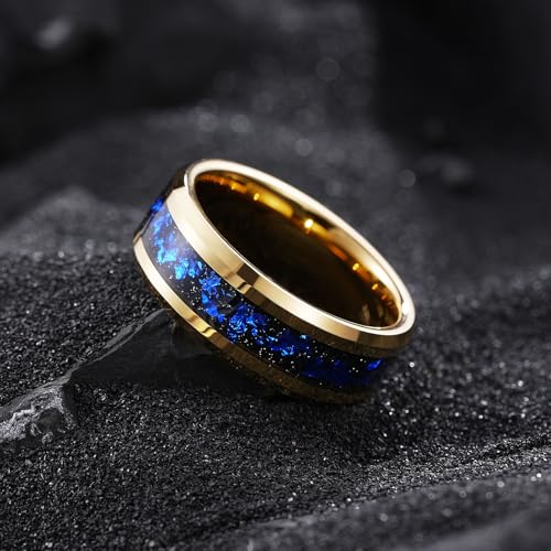 King Will Mens Wedding Band with Foils Inlay, Black/Silver/Gold | Black, 6mm/8mm, Beveled Edge, Comfort Fit, Glowstone Ring, Everyday Wear - color: Gold&Blue-8mm
