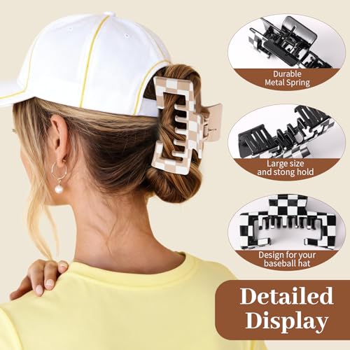4 Pack Hat Claw Clips for Women, 4.1 Inch Large Hair Clips for Thick Hair | 2-in-1 Cute Hair Claw Clips Strong Hold Jaw Clips for Daily Styling, Baseball Cap & Trucker Hat, Checkered (Patent Pending) - color: Checkered
