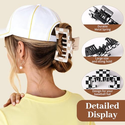 4 Pack Hat Claw Clips for Women, 4.1 Inch Large Hair Clips for Thick Hair | 2-in-1 Cute Hair Claw Clips Strong Hold Jaw Clips for Daily Styling, Baseball Cap & Trucker Hat, Checkered (Patent Pending) - color: Checkered