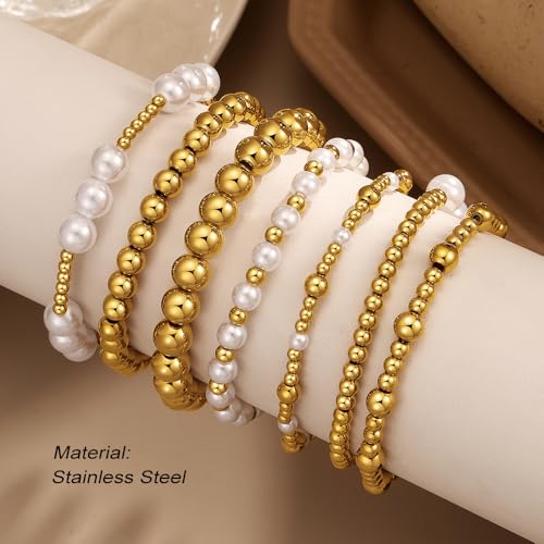 KISS WIFE Gold Beaded Bracelets for Women, Stackable Stretch Bracelet Set | 13 stretch bracelets combine polished gold-tone beads and faux pearls for stacked or individual everyday styling. - color: Gold Stainless Steel