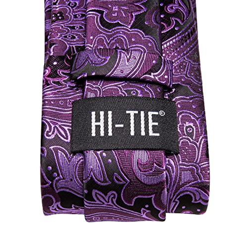 Hi-Tie Men 63inches Tie Set Extra Long Necktie Paisley Tie Pocket Suqare Cufflinks Big and Tall Men Tie - color: Black Purple