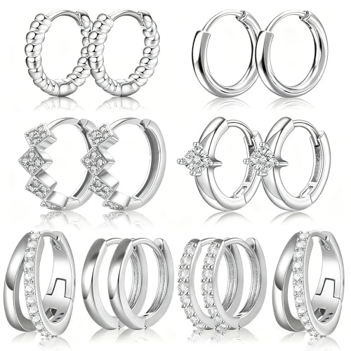 Nunpag 9 Pairs 14K Gold Plated Chunky Huggie Hoop Earrings Set for Women Hypoallergenic Stainless Steel Lightweight Small Earring Stacks for Multiple Piercings Non Tarnish Jewelry Gift Twisted 8-12mm - color: 14Pcs-Silver