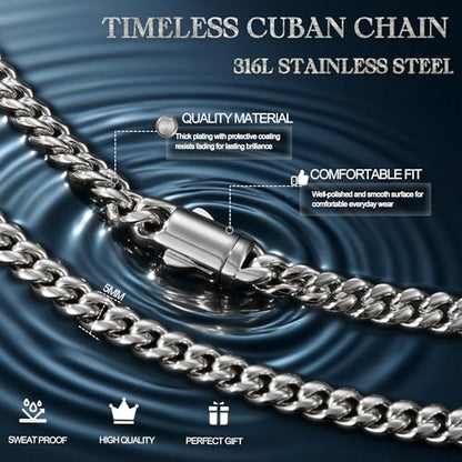 Gold Cuban Link Chain for Men Mens Stainless Steel Miami Curb Chains Necklace 5/8/10/12/14mm Thick Real Gold/Silver/Black Plated Diamond Cut Non-Tarnish Jewelry Trendy Gifts 16-30 Inch with Gift Box - color: 5mm Width - Stainless Steel, size: 30 in (76 cm