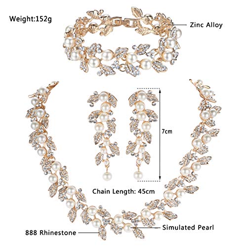 Simulated Pearl Leave Floral Bridal Jewelry Sets, Crystal Wedding Necklace Earrings Bracelet Sets Jewelry Engagement Gift - color: A-Gold