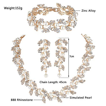 Simulated Pearl Leave Floral Bridal Jewelry Sets, Crystal Wedding Necklace Earrings Bracelet Sets Jewelry Engagement Gift - color: A-Gold