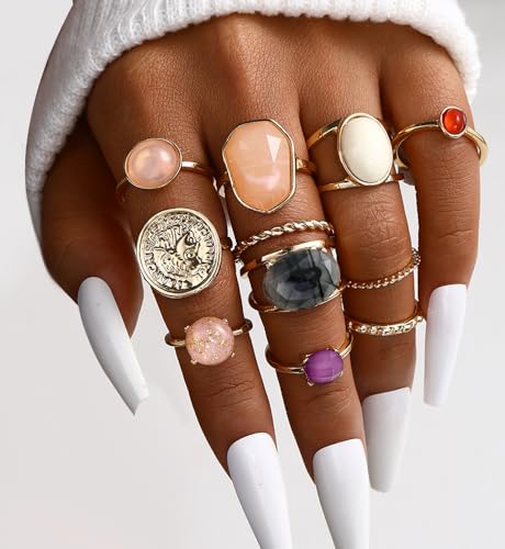 iF YOU 25 Pcs Gold Stackable Ring Set for Women, Chunky Knuckle Finger Midi Rings, Silver Simple Stacking Cute Rings Pack Trendy Stuff Jewelry Gift - style: 24 Small gem rings-size 1.2-7.4