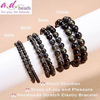 AD Beads Handmade Gemstone Stretch Elastic Bracelet Crystal Healing Reiki Nature's Beauty and Spiritual Essence Unisex (6mm, Black Obsidian (Pleasure)) - color: Black Obsidian (Pleasure), size: 6mm
