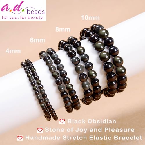 AD Beads Handmade Gemstone Stretch Elastic Bracelet Crystal Healing Reiki Nature's Beauty and Spiritual Essence Unisex (4mm, Black Obsidian (Pleasure)) - color: Black Obsidian (Pleasure), size: 4mm