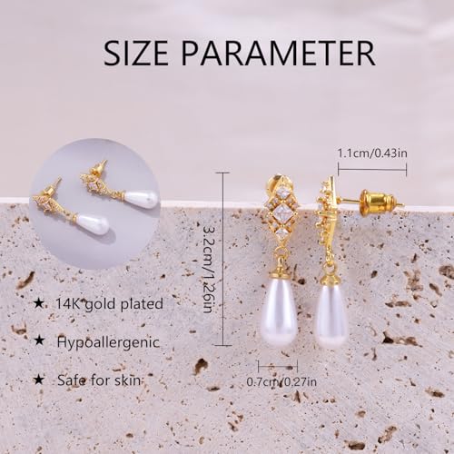 Gold Earrings for Women, 14K Gold Plated Tassel Dangle Earrings for Women Trendy Hypoallergenic Long Chain Earring Dainty Pearl Drop Earrings Elegant Wedding Earring Fashion Jewelry for Womens - color: cz pearl earrings
