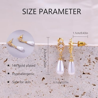 Gold Earrings for Women, 14K Gold Plated Tassel Dangle Earrings for Women Trendy Hypoallergenic Long Chain Earring Dainty Pearl Drop Earrings Elegant Wedding Earring Fashion Jewelry for Womens - color: cz pearl earrings