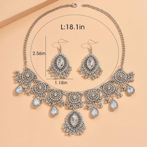 Frodete Indian Jewelry Sets for Women Traditional Bohemian Wedding Jewelry Set Indian Dresses for Women Oxidized Ethnic Party Prom Wear - color: D1: SILVER WHITE